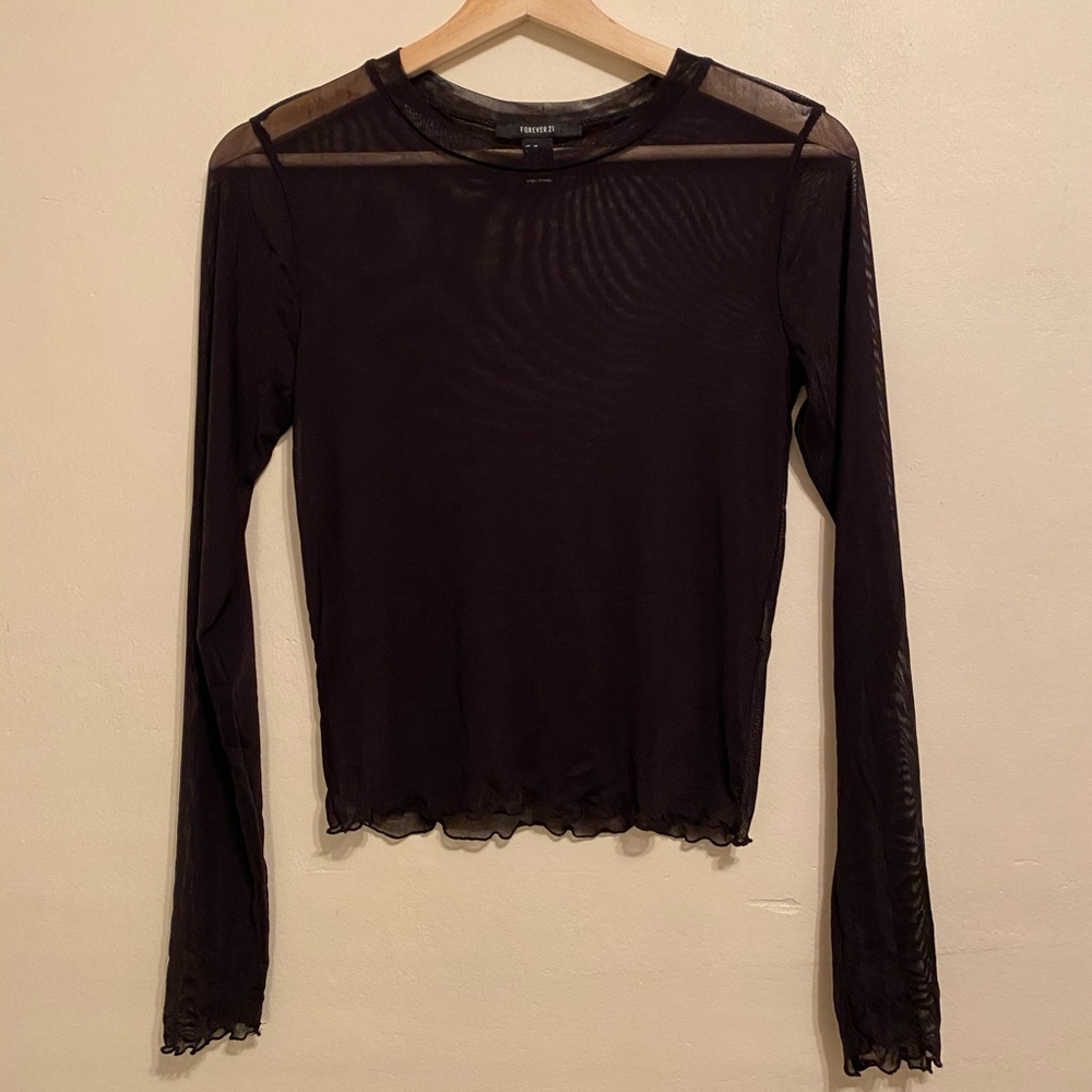 Mesh long sleeve top with ruffled sleeve trim